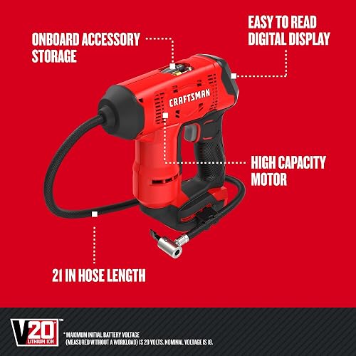 Craftsman Inflador de Neumáticos Inalámbrico V20, hasta 150 PSI, Medidor de Presión Digital, Solo Herramienta (CMCE521B)
