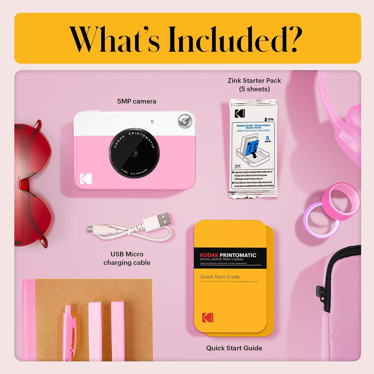 Kodak Cámara Digital de impresión instantánea (Rosado) Impresión a Todo Color en Papel Fotográfico Zink 2 x 3 Pulgadas Papel Adhesivo– Imprime Recuerdos al Instante