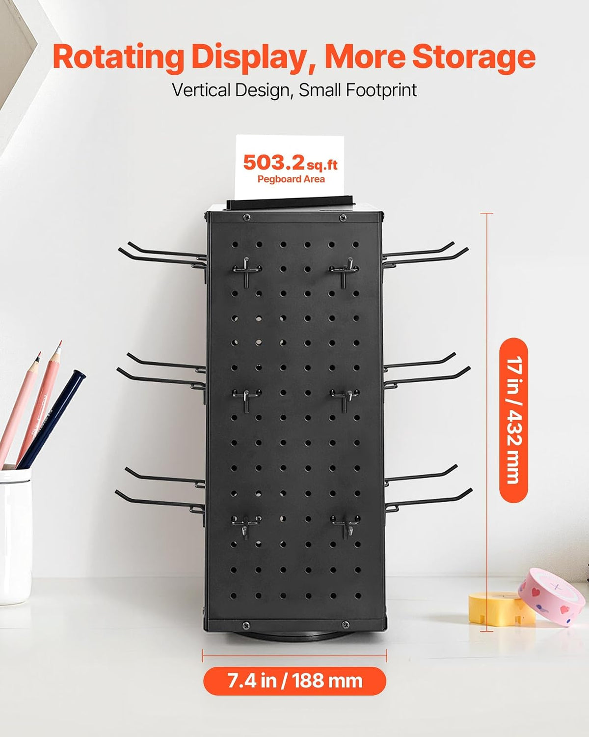 VEVOR Expositor Giratorio de Tablero Perforado de 188 x 188 x 520 mm con 24 Ganchos, 4 Lados de Acero Laminado en Frío Grueso, Organizador para Manualidades para Supermercados, Joyerías, Negro