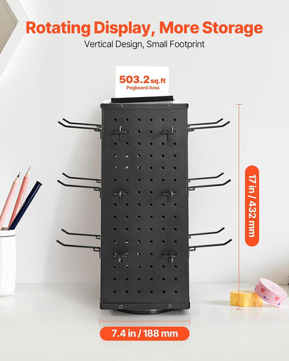 VEVOR Expositor Giratorio de Tablero Perforado de 188 x 188 x 520 mm con 24 Ganchos, 4 Lados de Acero Laminado en Frío Grueso, Organizador para Manualidades para Supermercados, Joyerías, Negro
