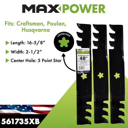 Maxpower 561735XB - Juego de acolchado comercial de 3 hojas para artesanos de corte de 48 pulgadas, Husqvarna, Poulan, reemplaza el fabricante original 173921, 532173921, Negro