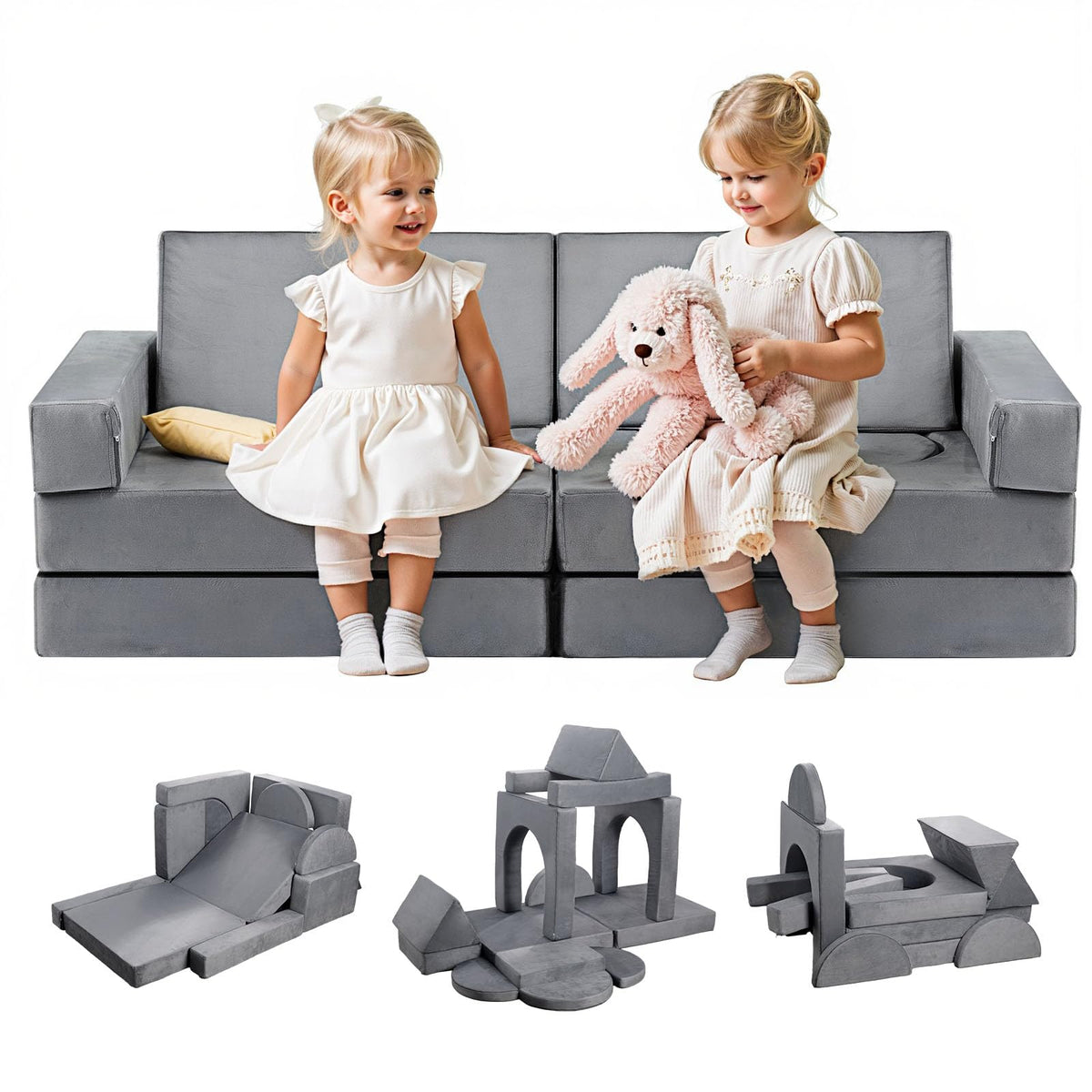 VEVOR Sofá Modular para Niños, Sofá Convertible Seccional de Esponja 28D y Pelo Corto con Reposabrazos, Combinación Creativa DIY para Sala de Juegos, Sala de Estar para Niños, 14 Piezas, Gris