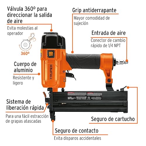 Truper CLNE-18E, Clavadora y engrapadora neumática profesional, calibre 18