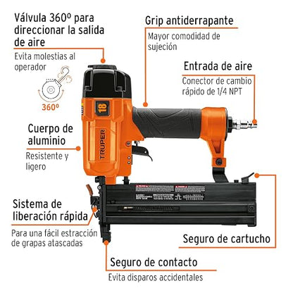 Truper CLNE-18E, Clavadora y engrapadora neumática profesional, calibre 18