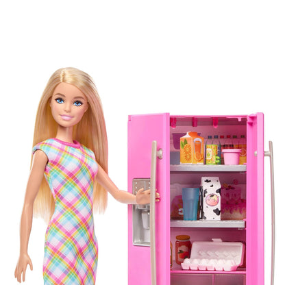 Barbie Set De Juego Muñeca con Cocina, Refrigerador con Puertas Abatibles, Más De 10 Accesorios, para 3 Años En Adelante