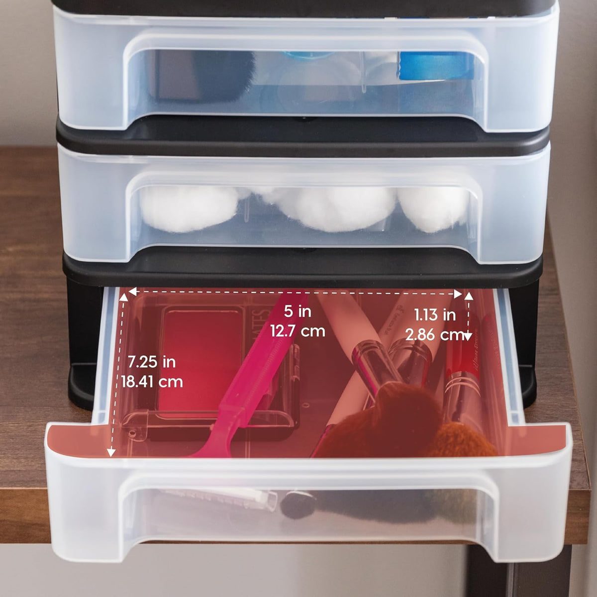 IRIS USA Paquete de 4 Organizadores Apilables de 3 Cajones, Negro | Organiza artículos de oficina, papelería, maquillaje, manualidades y esenciales diarios en el escritorio