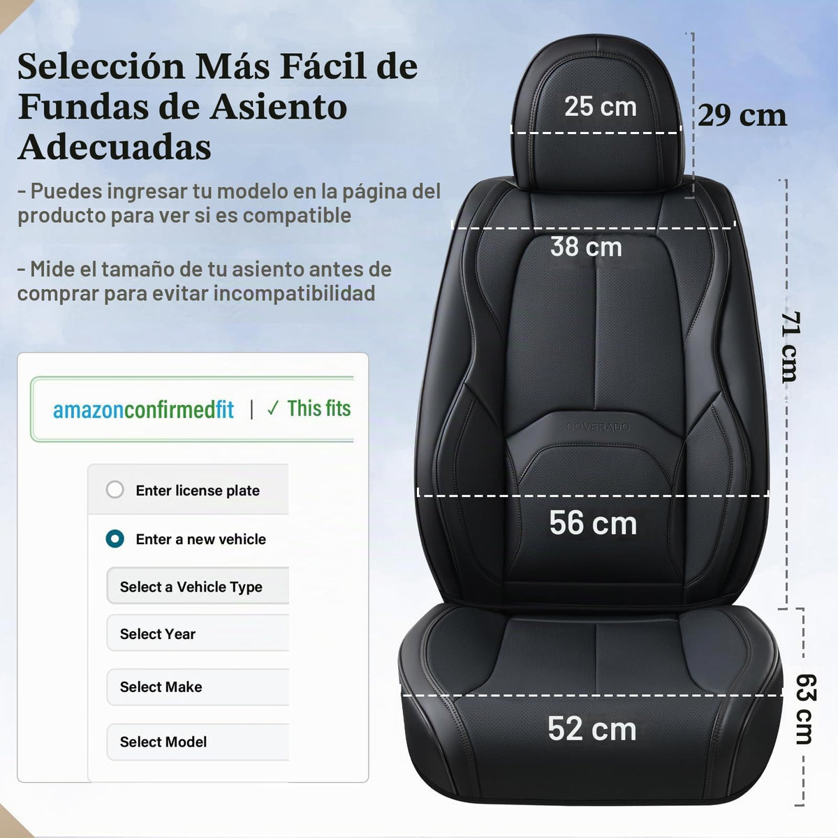 Coverado Juego Completo de Fundas de Asiento de Piel Napa Negro, Impermeables con Soporte Lumbar, Ajuste Universal