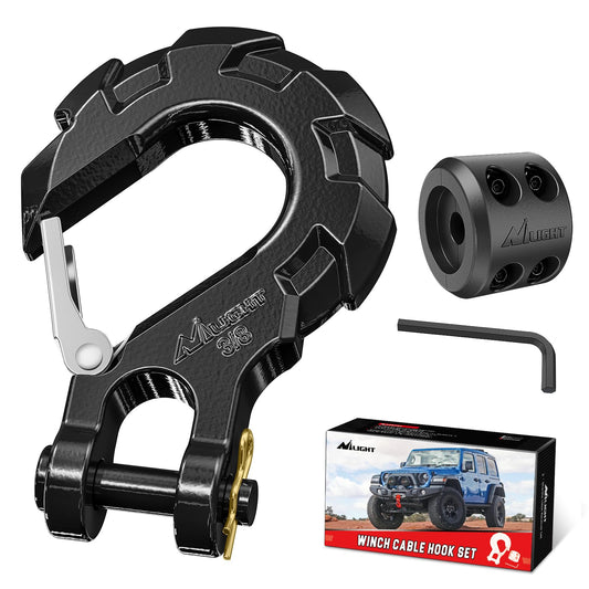 Nilight - Gancho para cabrestante de Acero Forjado de 3/8 Pulgadas, Cierre de Seguridad para cabrestante, Juego de Tapones y Ganchos deslizantes de Horquilla, Incluye Llave Allen, Color Negro