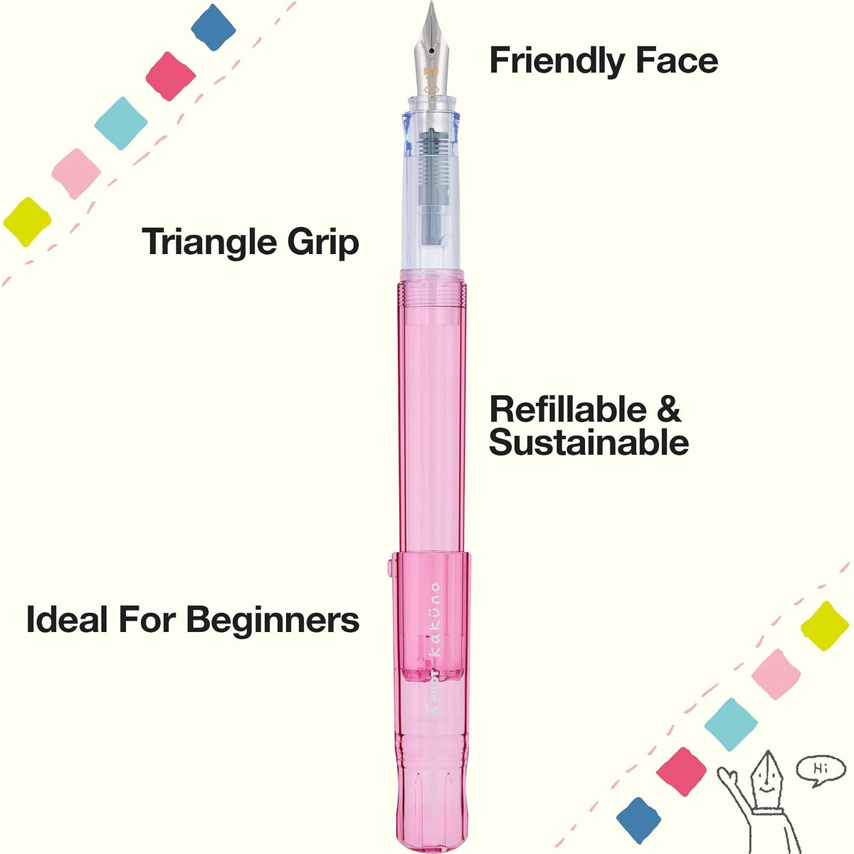 PILOT Pluma Fuente Kakuno, barril color rosa traslúcido, punto mediano, estuche con una pieza