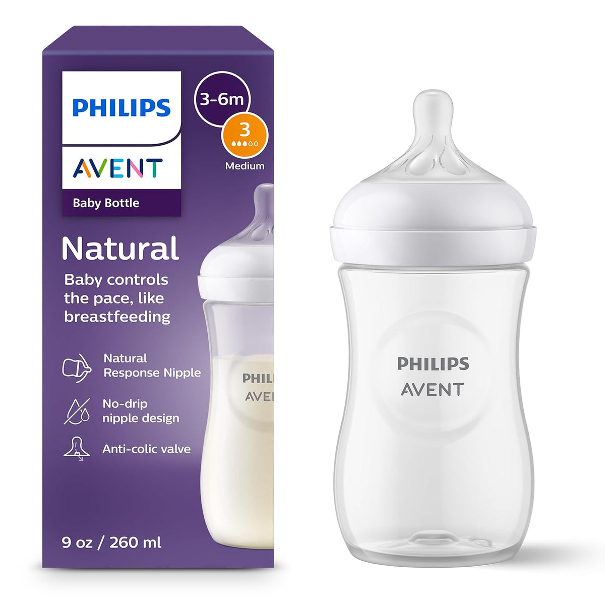 Philips Avent Natural Biberón para Bebé, Tetina Anticólica sin BPA - 260 ml (Pack of 1) - Claro