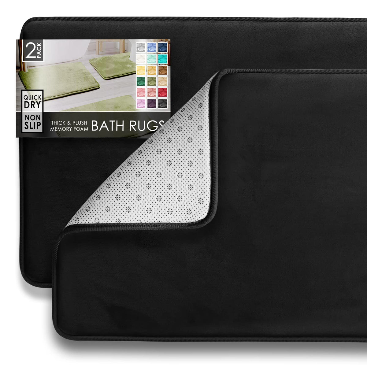 Clara Clark - Juego de 2 Alfombrillas de baño de Espuma viscoelástica de Terciopelo para baño, Antideslizantes, con Respaldo de PVC, Lavables, se Seca rápidamente, Color Negro - Sólido - 17 x 24 + 20 x 32 - Negro