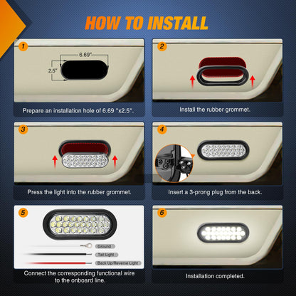 Nilight 6Inch Oval Trailer Tail Light 2PCS White 24LED Back Up Reverse Lights w/Flush Mount Grommets Plugs IP67 Waterproof for 12V Truck ATV UTV Bus RV Camper