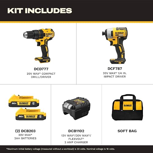 DEWALT - Taladro inalámbrico de 20 V MAX, driver de impacto, kit combinado de herramientas eléctricas de 2 herramientas, juego de herramientas eléctricas sin escobillas con 2 baterías y cargador
