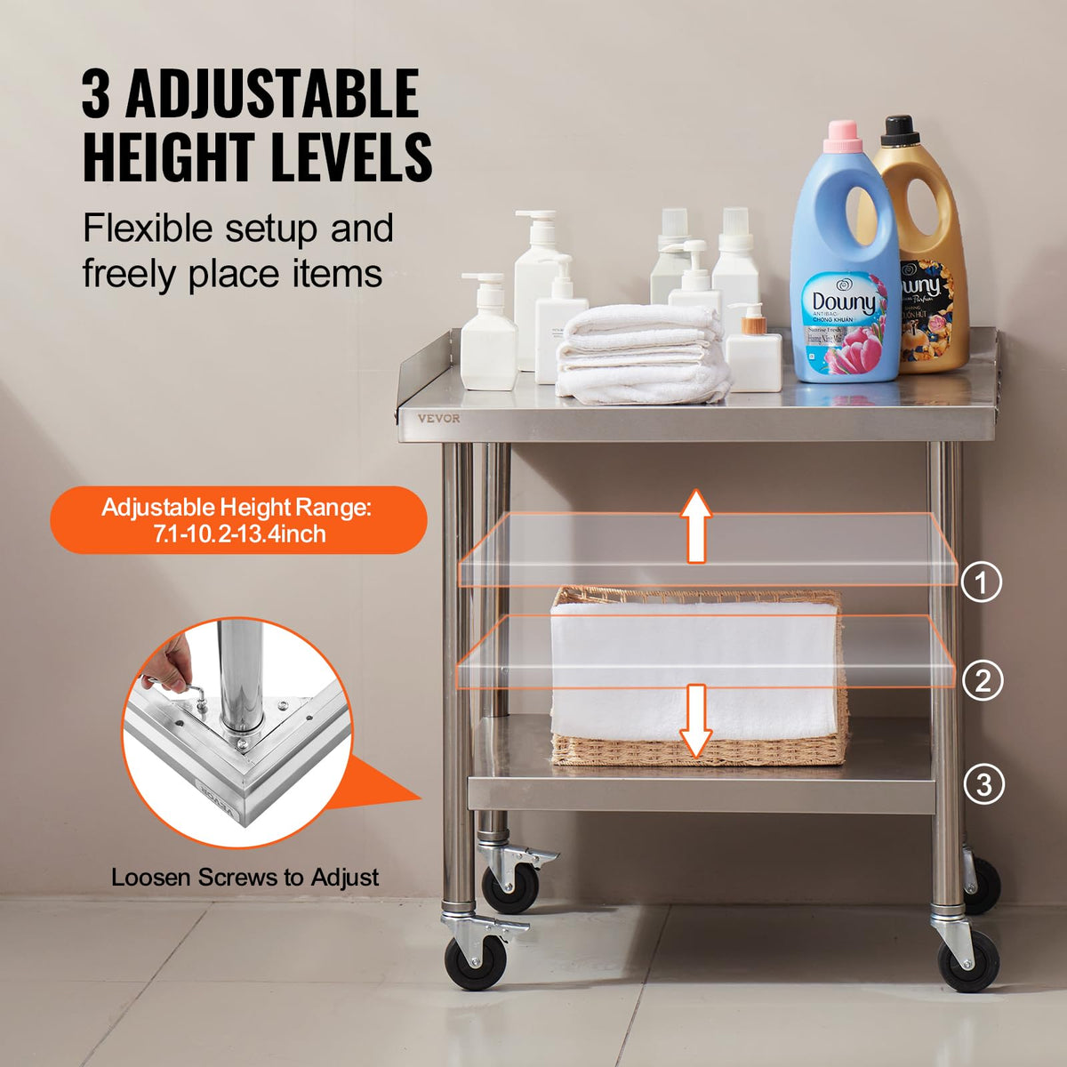 VEVOR Mesa de Trabajo de Acero Inoxidable Mesa de Trabajo Comercial para Preparación de Alimentos con 4 Ruedas Salpicadero de 3 Lados Mesa de Trabajo 610x711x762 mm Mesa de Trabajo para Restaurante