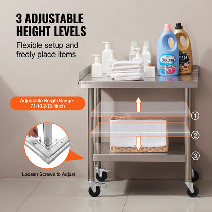 VEVOR Mesa de Trabajo de Acero Inoxidable Mesa de Trabajo Comercial para Preparación de Alimentos con 4 Ruedas Salpicadero de 3 Lados Mesa de Trabajo 610x711x762 mm Mesa de Trabajo para Restaurante