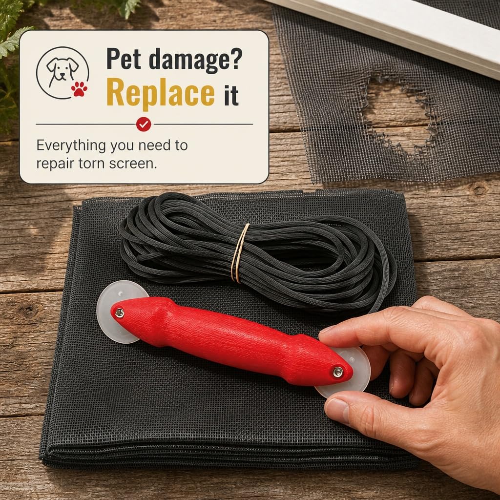Make-2-Fit P 7515 - Kit de reparación de puerta con herramienta de rodadura - Reemplaza la pantalla en ventanas o puertas de patio, 36 x 84 pulgadas, gamuza de fibra de vidrio de carbón y estriado negro