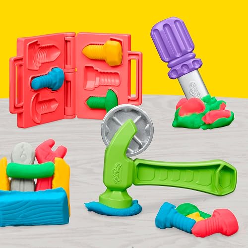 Play-Doh Banco de Herramientas, Juguetes creativos para Niños y Niñas, con 5 latas de Masa moldeable y Diferentes Accesorios, +3 años