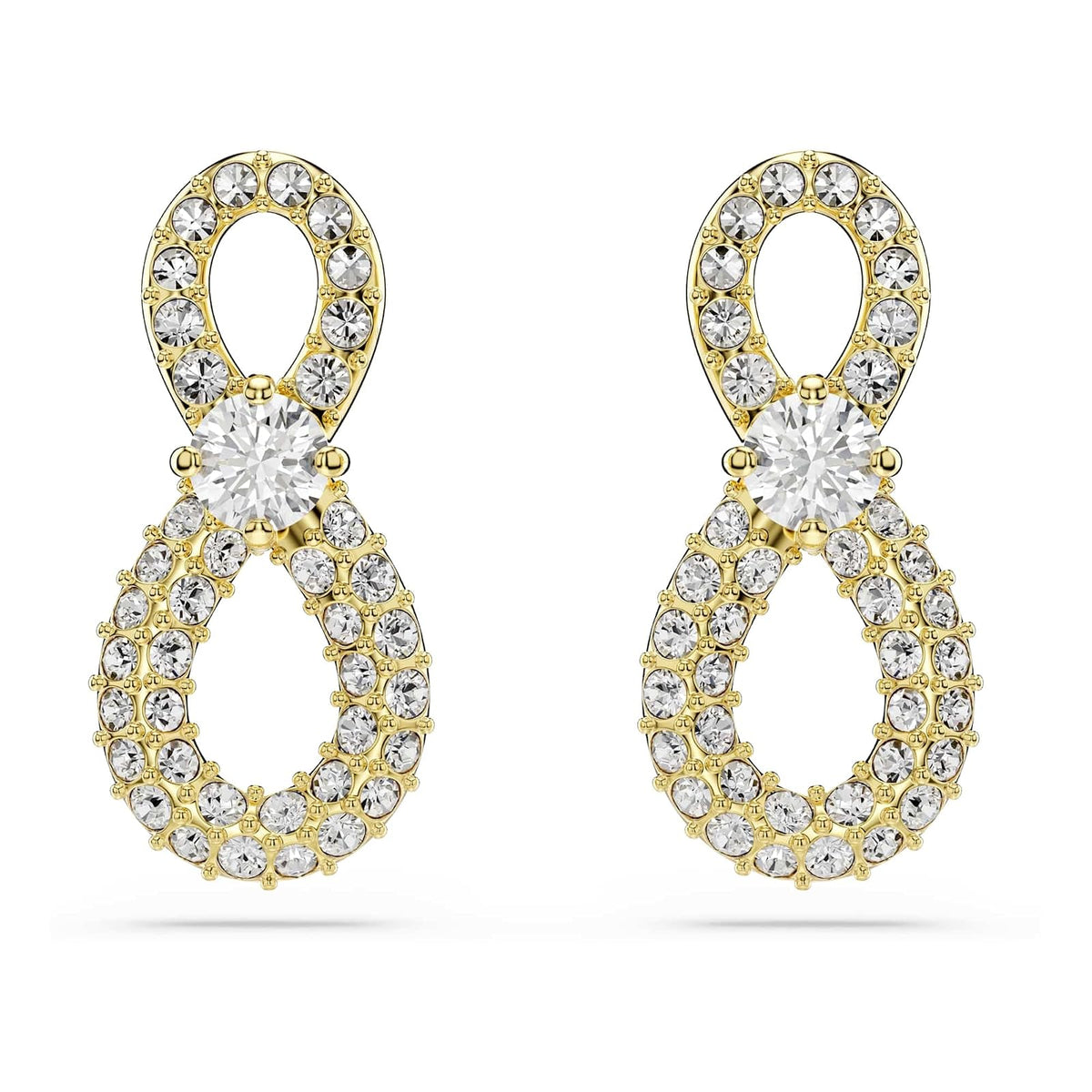 arete Swarovski Hyperbola, corte redondo, pavé, infinito, blanco, baño dorado