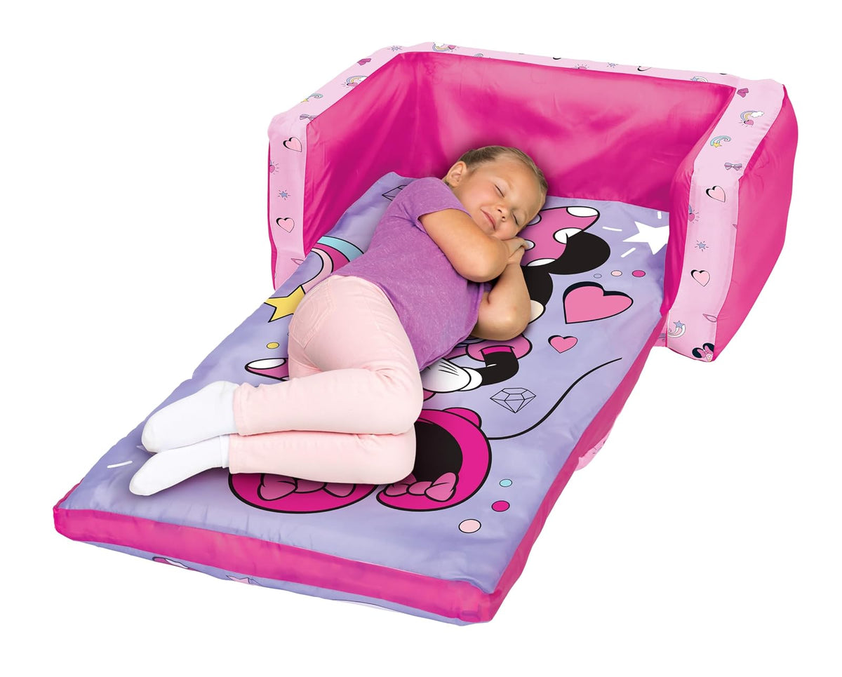 Minnie Mouse - Sofá cama inflable para niños, 2 en 1 con apertura abatible para tumbona y colchoneta para siesta, más de 4 pies de largo, funda extraíble, uso en interiores y exteriores, edades de 2 a
