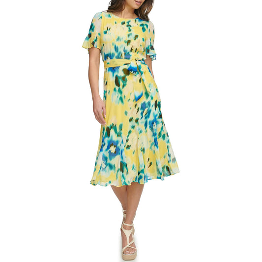 DKNY Vestido Midi de Gasa con Falda Godet para Mujer - Limón(Lemon Zest) - 12