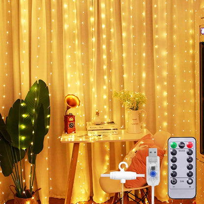 DOSYU Cortina de Luces LED Calido Blanco 3Mx3M 300LEDs, 8 Modos de lluminación, Lámparas Decorativas Impermeables para Interior y Exterior con Gancho, Luz Cadena para Navidad, Fiestas, Jardín, Boda