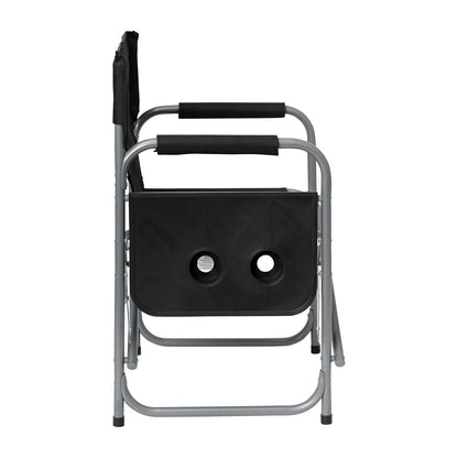 Flash Furniture Folding Directors Camping Chair - Portable Black Sports Chair with Cupholder Side Table - Indoor/Outdoor Steel Tube Framed Foldable Chair