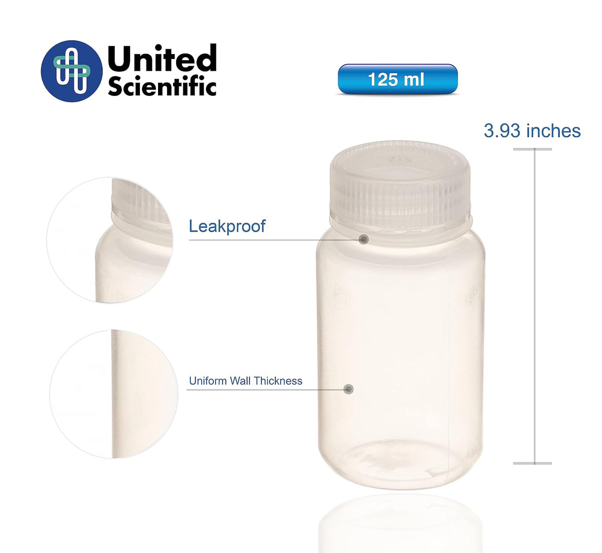 United Scientific 33307 Botellas de reactivo de boca ancha de polipropileno, capacidad de 125 ml (paquete de 12)