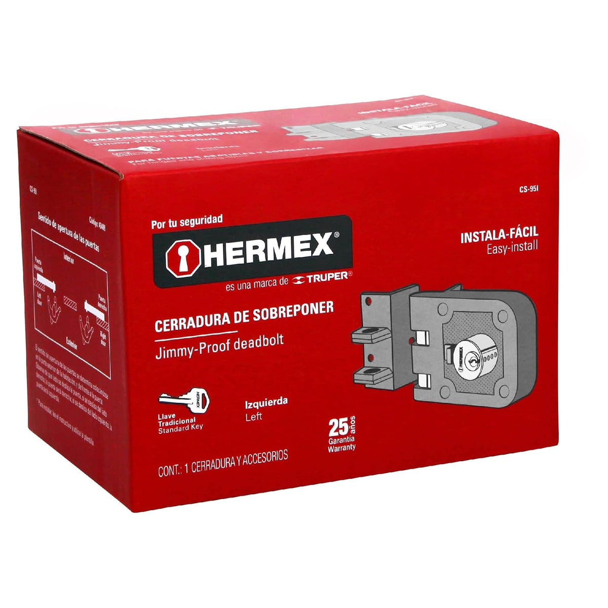 Hermex CS-95I, Cerradura sobreponer, puerta corrediza, instala-fácil, izq.