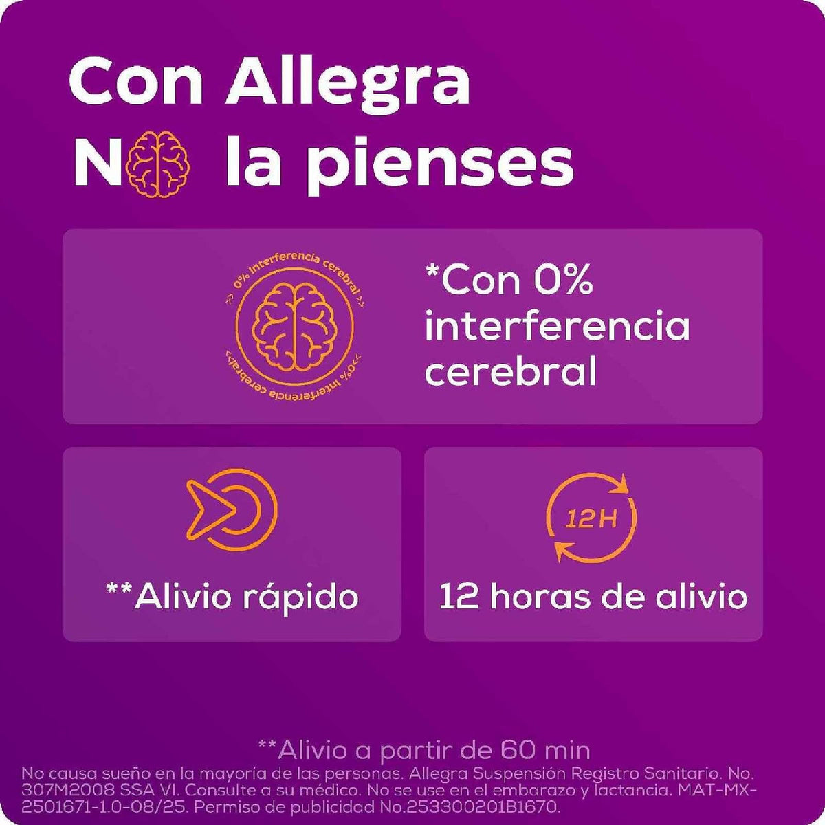 Allegra suspensión pediátrica para estornudos y escurrimiento nasal, 150ml.