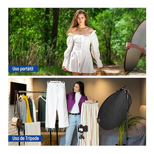 NEEWER 43"/110cm Reflector de Luz con Abrazadera y Empuñaduras, Reflector de Fotografía Plegable 5 en 1 Translúcido/Plata/Oro/Blanco/Negro con Rosca 3/8" para Iluminación Exterior, RF-110II