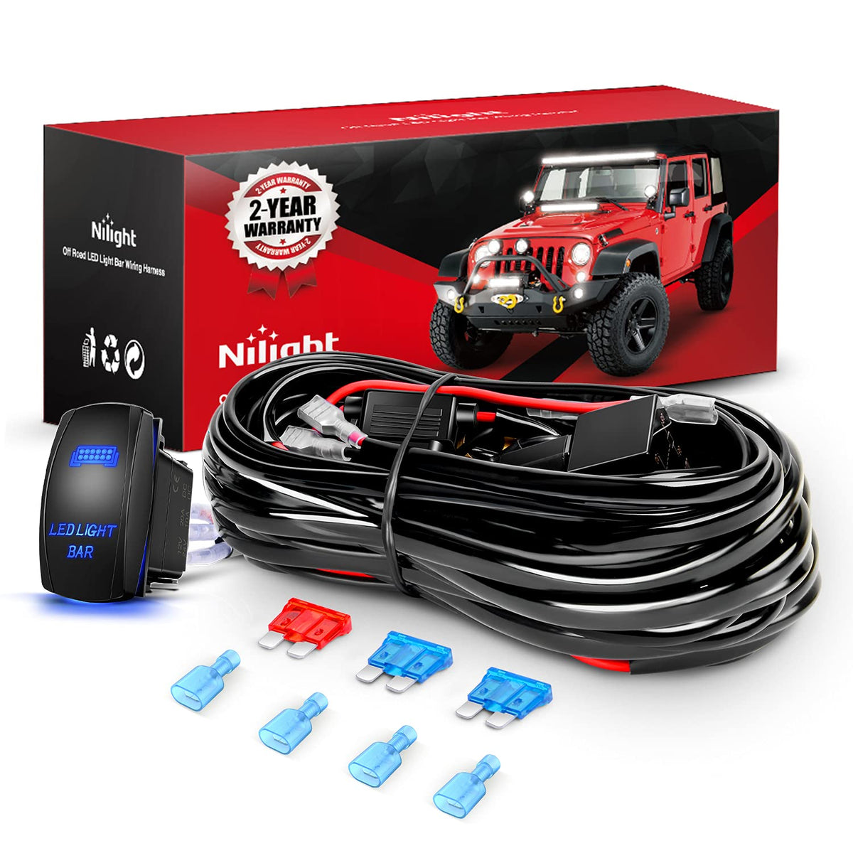 Nilight 250 Conectores de Pala Termorretráctiles 22-10 AWG - 16AWG Wiring Harness Kit-2 Leads