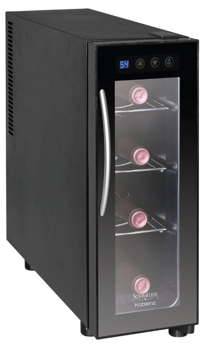 Koblenz Cava Enfriadora de Vinos de 4 Botellas de 750 ml, Temperatura de Una Zona, Cava de Vinos Termoeléctrica con Pantalla Digital y Controles Táctiles de Temperatura, Negro (EVFK-04)