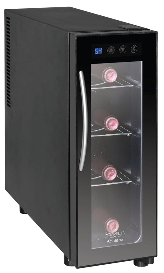 Koblenz Cava Enfriadora de Vinos de 4 Botellas de 750 ml, Temperatura de Una Zona, Cava de Vinos Termoeléctrica con Pantalla Digital y Controles Táctiles de Temperatura, Negro (EVFK-04)