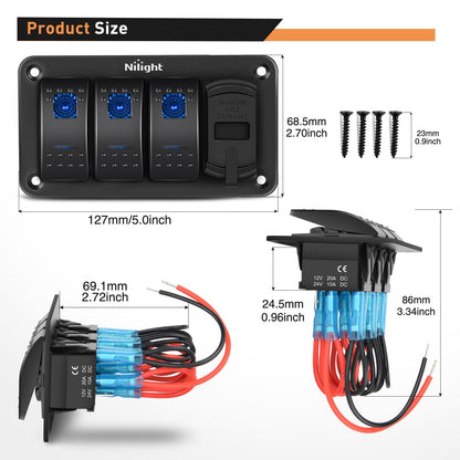 Nilight Panel de interruptor de 3 bandas con cargador USB dual de 4,8 amperios, voltímetro impermeable de 12 V, 24 V CC, interruptor con pegatinas de brillo nocturno para coches