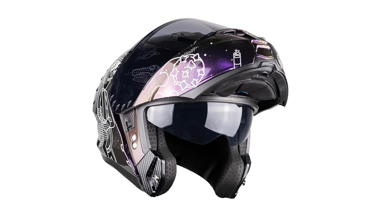 KOV Casco Snow Galactic Rick Y Morty TORNASOL Morado ABATIBLE para Moto Certificado Dot