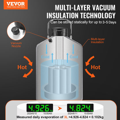 VEVOR Tanque de nitrógeno líquido, contenedor de nitrógeno líquido de aleación de aluminio de 3 L, Dewar de tanque LN2 con 6 botes y bolsa de transporte con correas