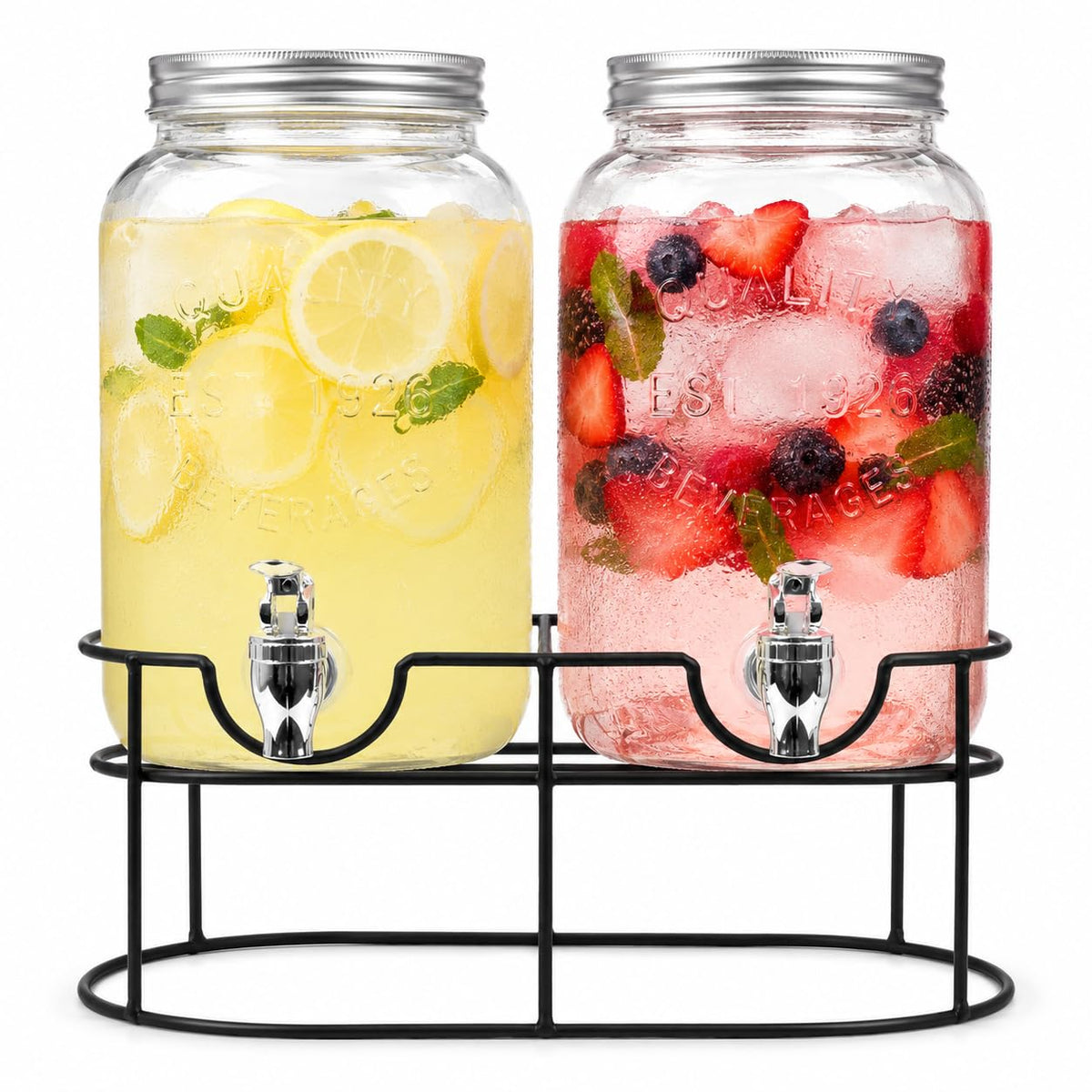 Estilo 1 galón de vidrio Mason Jar doble Bebida Dispensador de bebidas en soporte de metal con Spigot sin fugas