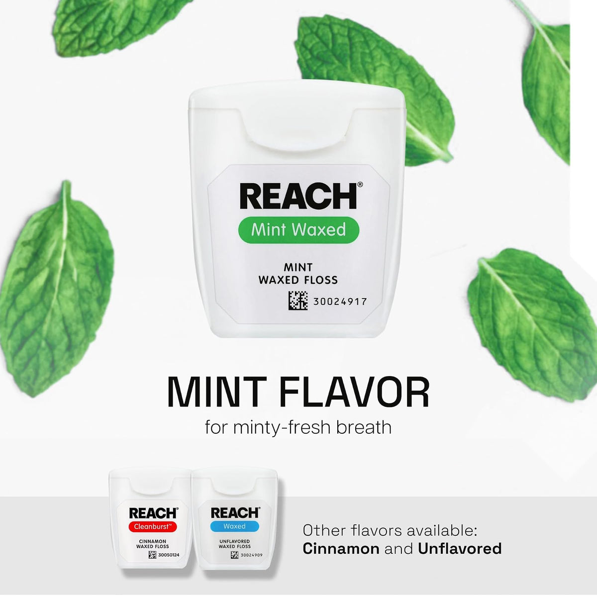 Reach Waxed Dental Floss for Plaque and Food Removal, Refreshing Mint Flavor, 55 Yards, Pack of 6
