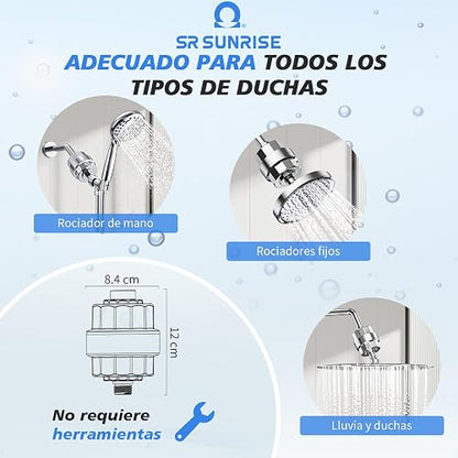 Sr Sun Rise Filtro Regadera de 20 Etapas | Filtro de Agua para Regadera, Filtro de Ducha para Agua Dura, Purificador de Agua para Elimina Cloro/impurezas y Olores