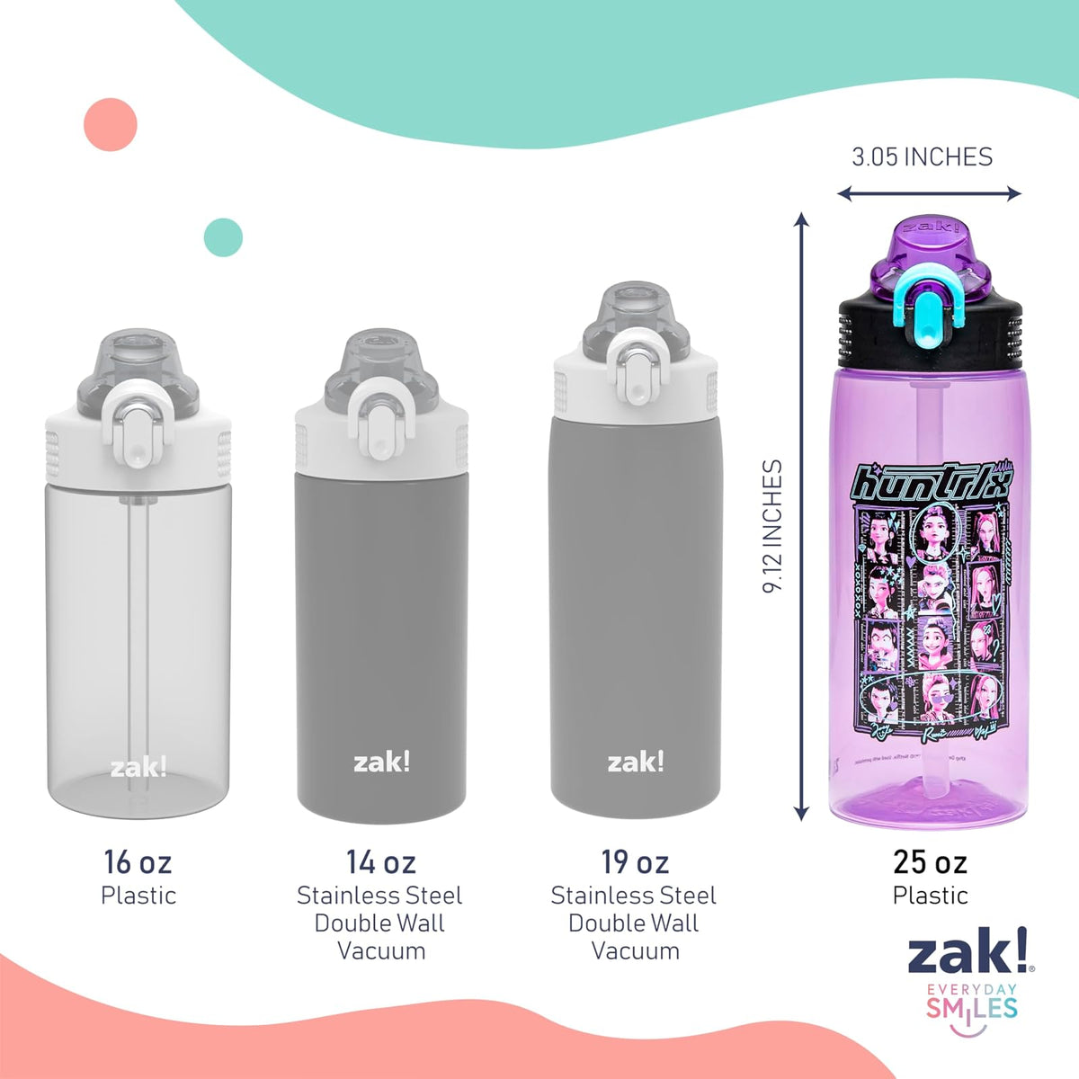 Zak Designs KPop Demon Hunters - Botella de agua de salvia para la escuela o los viajes, botella de agua de plástico duradera de 25 onzas con popote, mango y a prueba de fugas, cubierta de boquilla