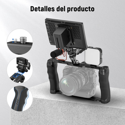 NEEWER Universal Jaula Cámara con Asa Superior & Montaje Monitor Zapata Fría, Arca Cámara Gimbal Estabilizador Video Rig, Manija Doble & 3/8" para ARRI Compatible con SmallRig Accesorio, CA016T+MA006
