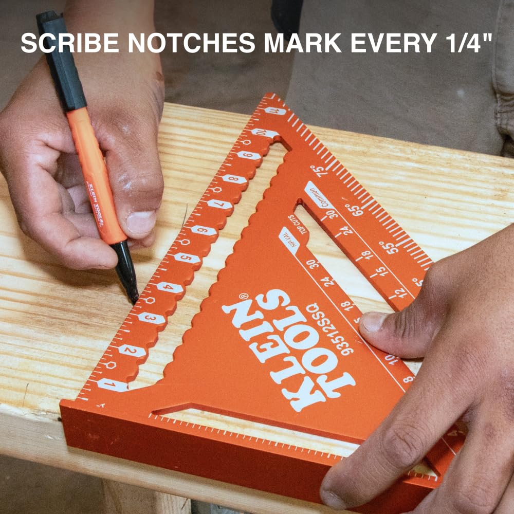 Klein Tools 93512SSQ Rafter Square, cuadrado de velocidad de 12 pulgadas, aluminio grabado con láser doble, multifuncional, herramienta de medición de carpintero, regla triangular para carpintería