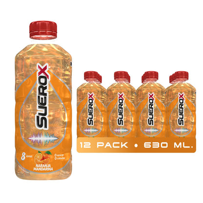 Suerox Naranja-Mandarina Bebida Hidratante con 8 Iones Esenciales y Electrolitos Sin Azúcar, Suero Oral Funcional con Magnesio y Potasio para Hidratación Diaria | 630 ml | 12-Pack