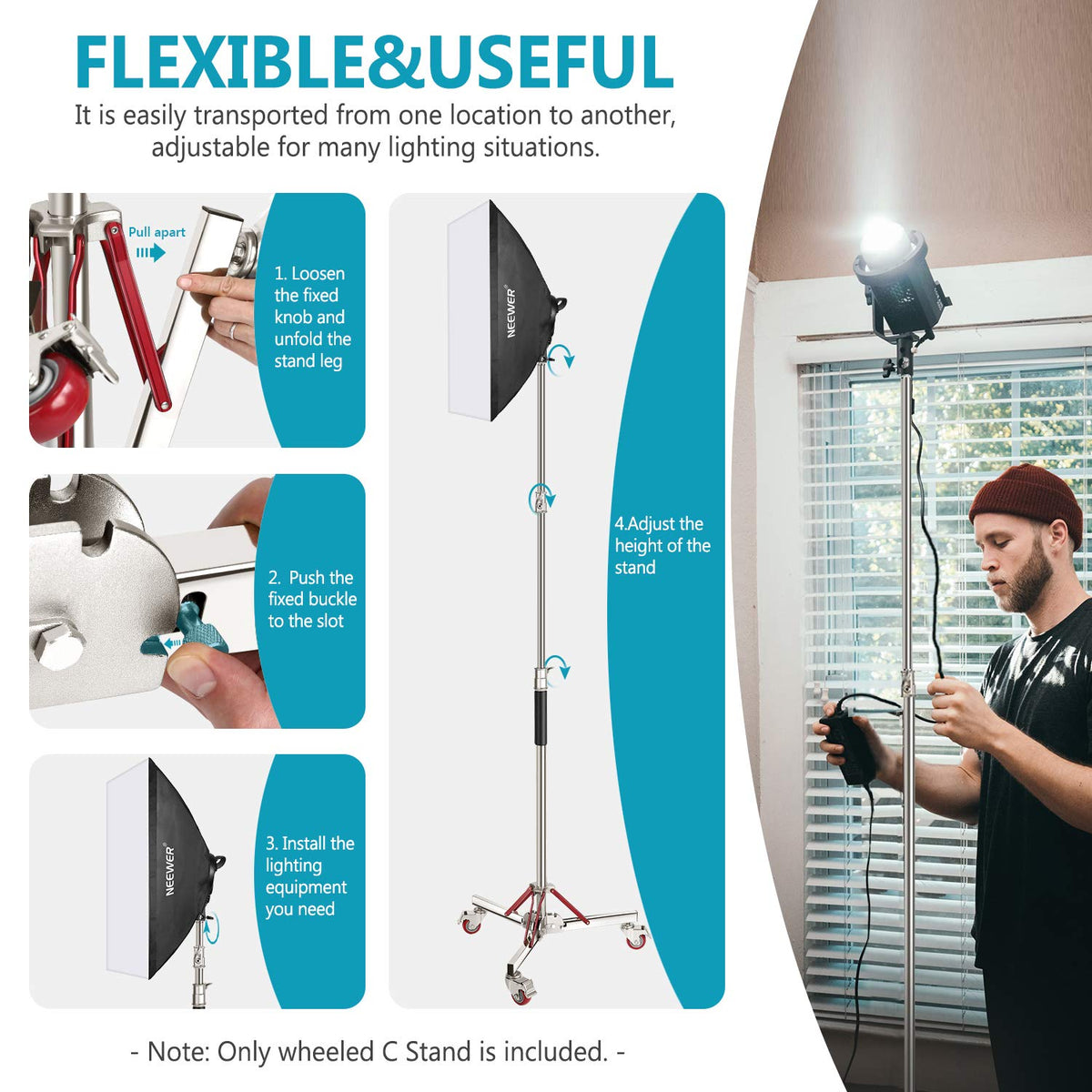 NEEWER Resistente Soporte de Luz con Casters, 100% Acero Inoxidable Tripode | Adjustable, Fotografia Wheeled Base Soporte, para Estudio Softbox, Monolight, Reflector, Max Height: 10ft/305cm