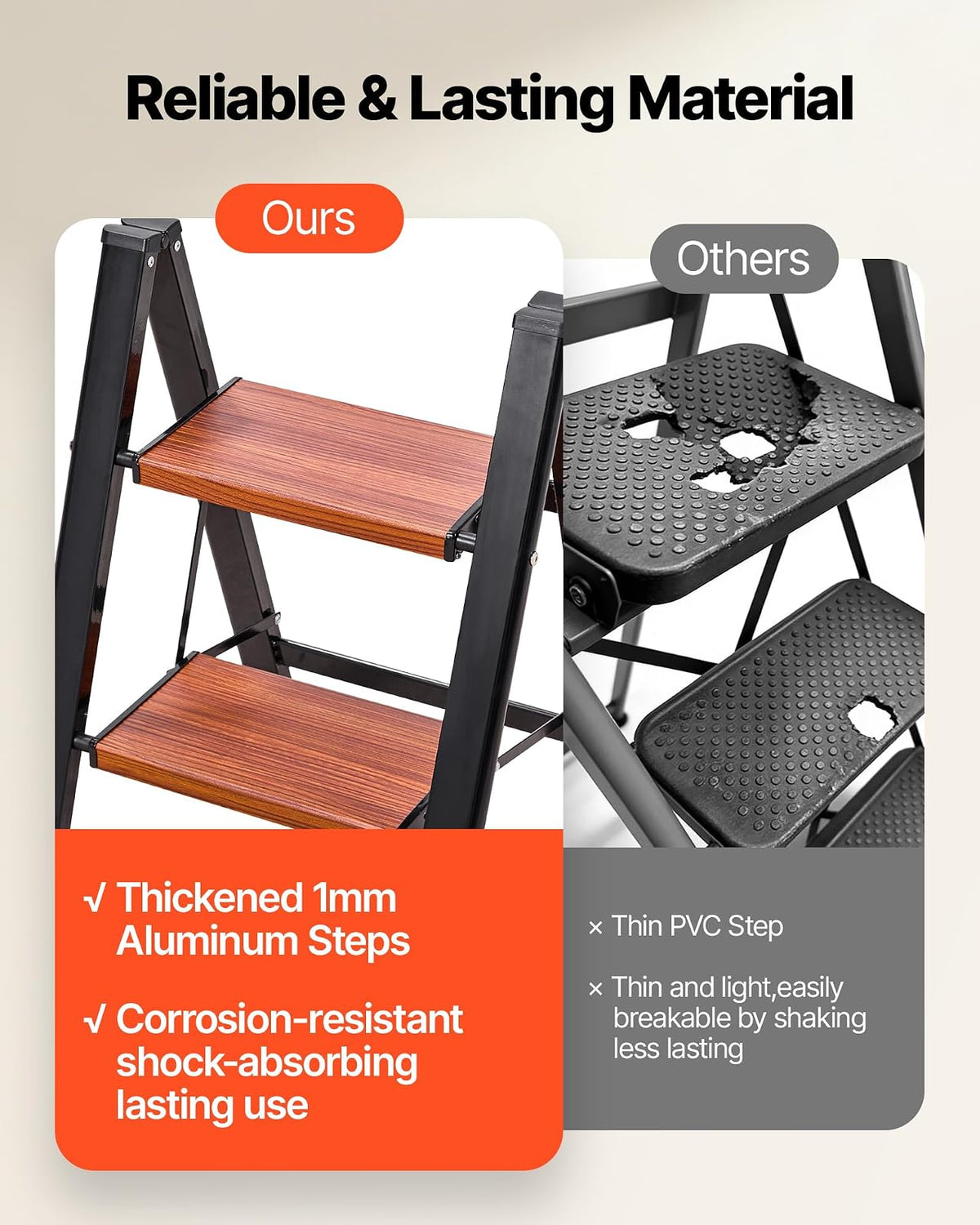 VEVOR Escalera Plegable 3 Peldaños, Escalera de Tijera con Pedal Ancho Antideslizante y Empuñadura Cómoda, Capacidad de 150 kg, Taburete Multifuncional para Cocina, Hogar, Plantas, Reparaciones