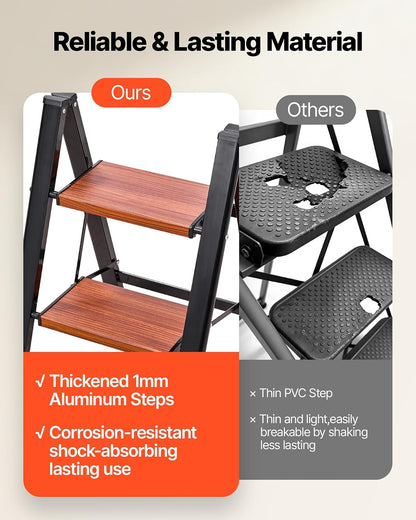 VEVOR Escalera Plegable 3 Peldaños, Escalera de Tijera con Pedal Ancho Antideslizante y Empuñadura Cómoda, Capacidad de 150 kg, Taburete Multifuncional para Cocina, Hogar, Plantas, Reparaciones