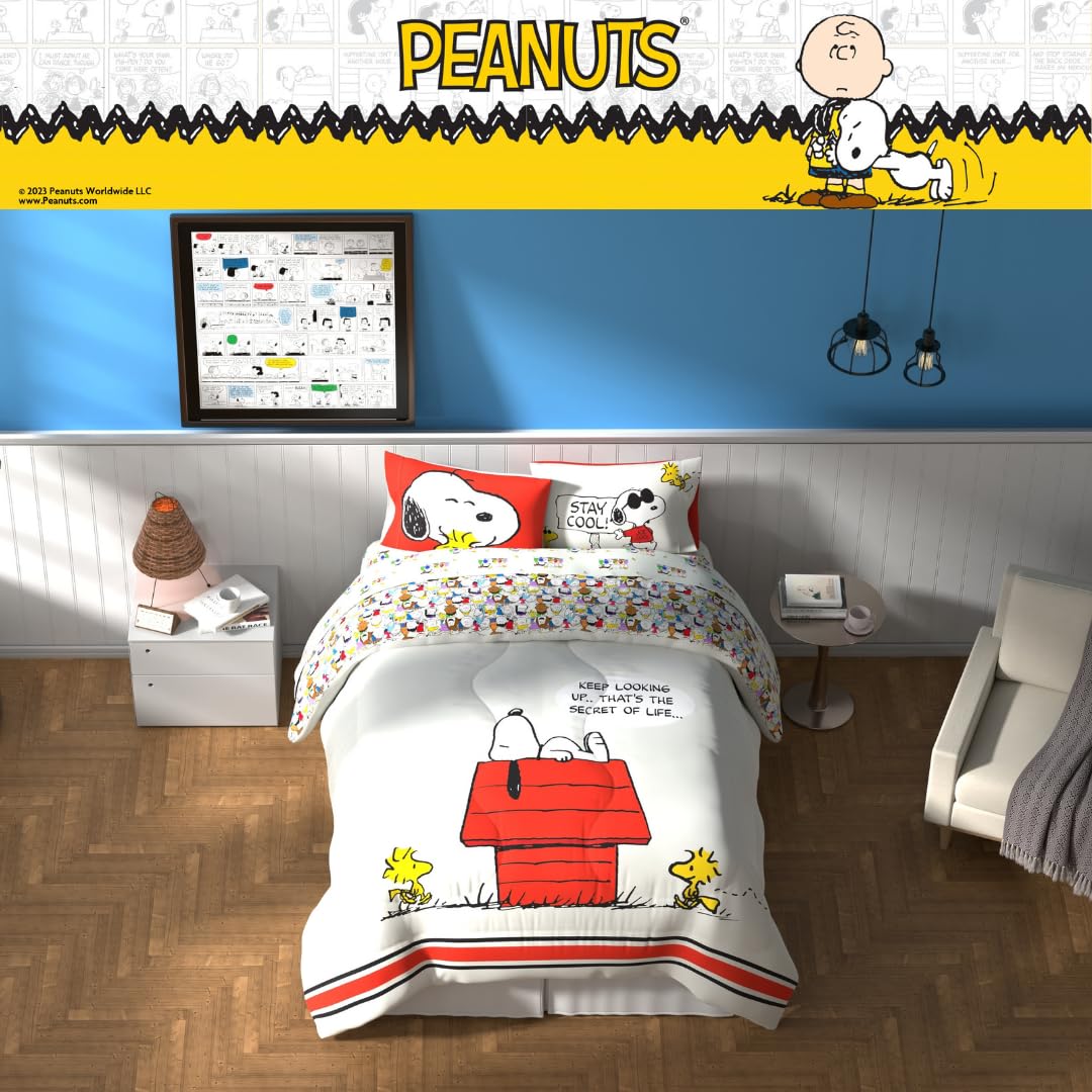 Franco, Charlie Brown & Snoopy Classic - Juego de edredón y sábanas súper Suaves, 5 Piezas, tamaño Matrimonial, Producto Oficial con Licencia.