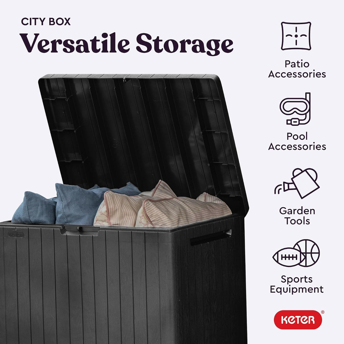 Keter City - Caja de resina de 30 galones para muebles de patio, accesorios de alberca y almacenamiento para juguetes al aire libre, color gris