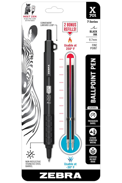 Zebra Pen X-701 Tactical Ballpoint Pen with Bonus Refills, Fine Point, 0.7mm, Black Ink, 1-Count