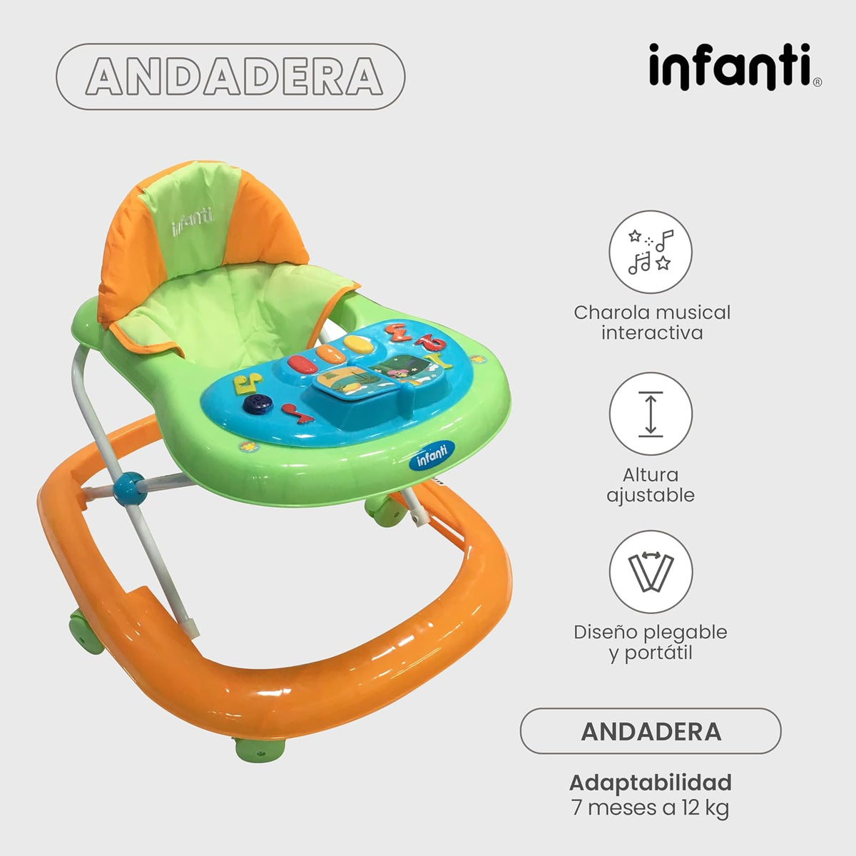 INFANTI | Andadera para Bebé MY LITTLE STEPS | Facil Plegado con 3 Alturas Ajustables | Color Naranja